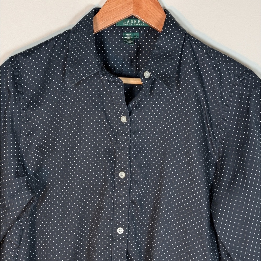 Lauren Ralph Lauren Womens Black Polka Dot Cotton Button Down Shirt Large
